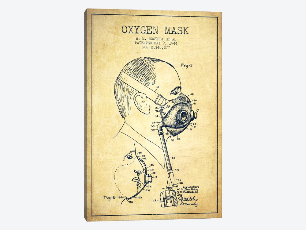 Oxygen Mask 3 Vintage Patent Blueprint by Aged Pixel 1-piece Canvas Wall Art