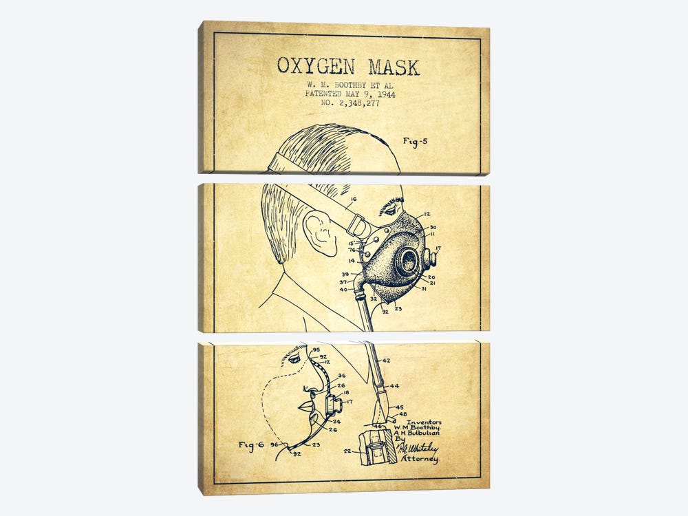 Oxygen Mask 3 Vintage Patent Blueprint by Aged Pixel 3-piece Canvas Art