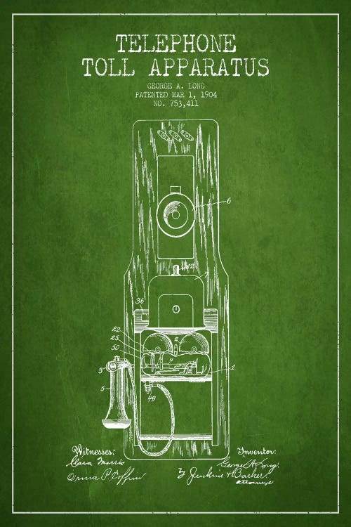 Long Telephone Toll Green Patent Blueprint by Aged Pixel wall art