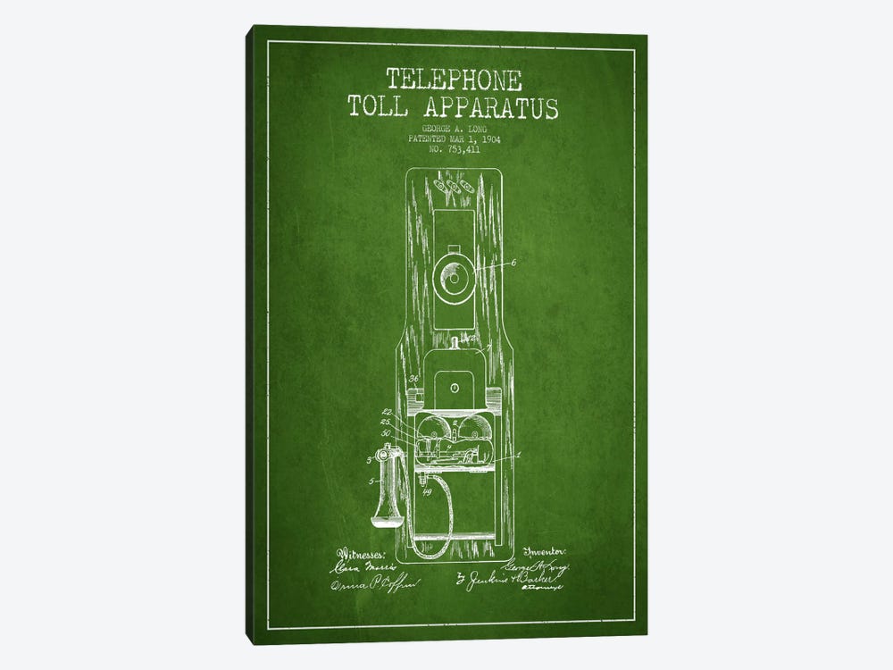 Long Telephone Toll Green Patent Blueprint by Aged Pixel 1-piece Canvas Art