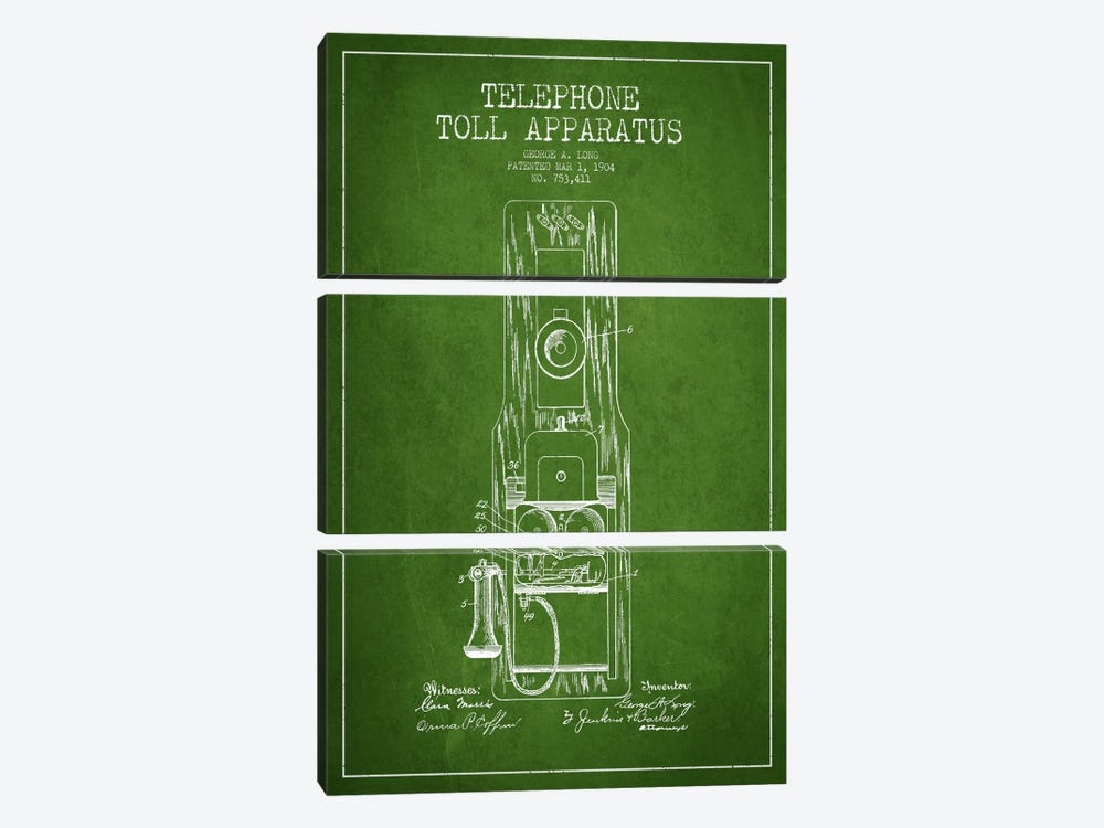 Long Telephone Toll Green Patent Blueprint by Aged Pixel 3-piece Canvas Art