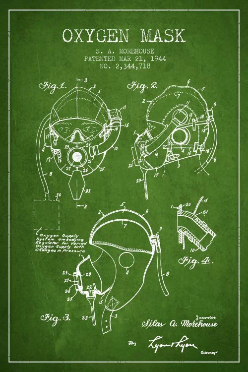 Oxygen Mask Green Patent Blueprint by Aged Pixel wall art