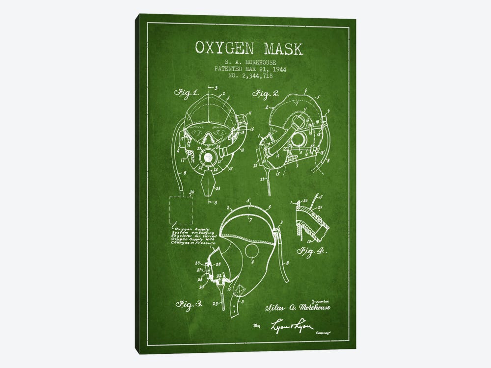 Oxygen Mask Green Patent Blueprint by Aged Pixel 1-piece Canvas Artwork
