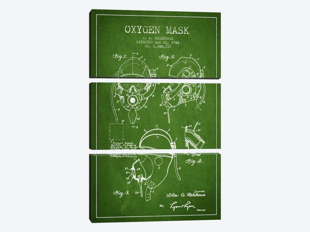 Oxygen Mask Green Patent Blueprint by Aged Pixel 3-piece Canvas Art