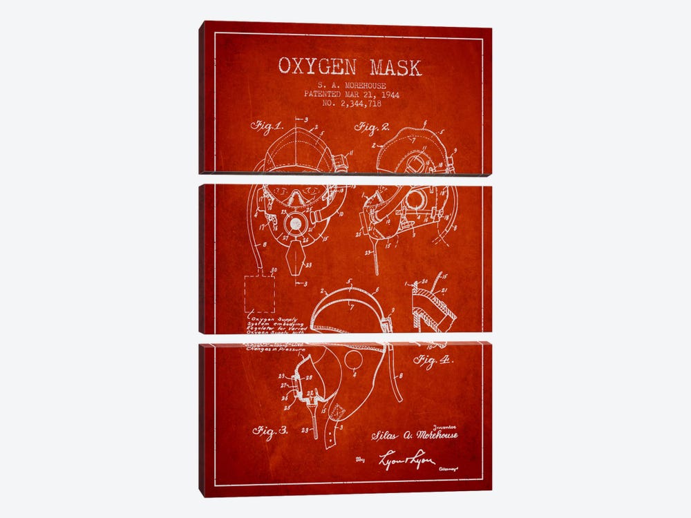 Oxygen Mask Red Patent Blueprint by Aged Pixel 3-piece Canvas Wall Art