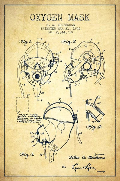 Oxygen Mask Vintage Patent Blueprint by Aged Pixel canvas print