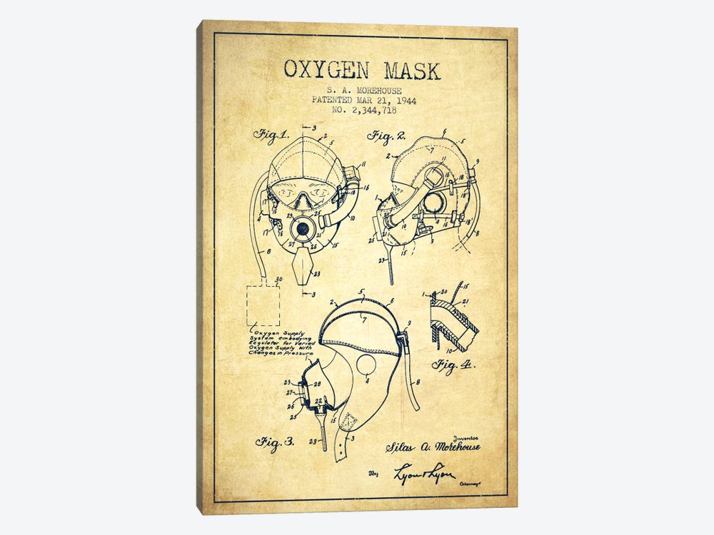 Oxygen Mask Vintage Patent Blueprint by Aged Pixel 1-piece Canvas Art Print