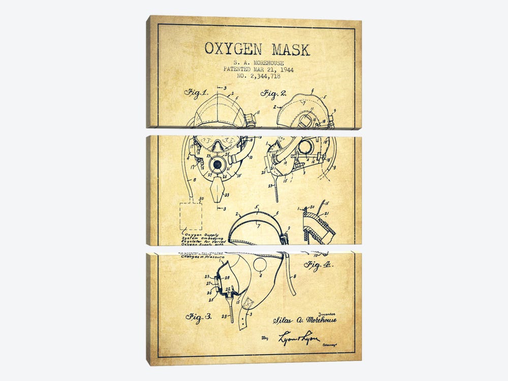 Oxygen Mask Vintage Patent Blueprint by Aged Pixel 3-piece Canvas Art Print