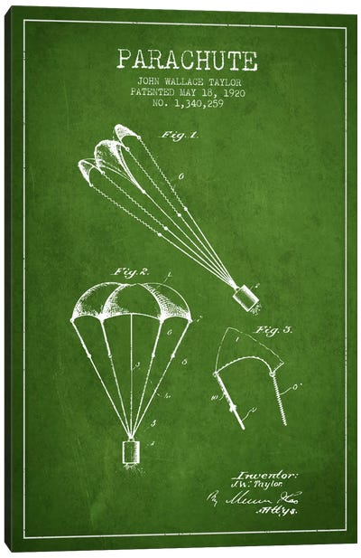 Parachute 1 Green Patent Blueprint Canvas Art Print