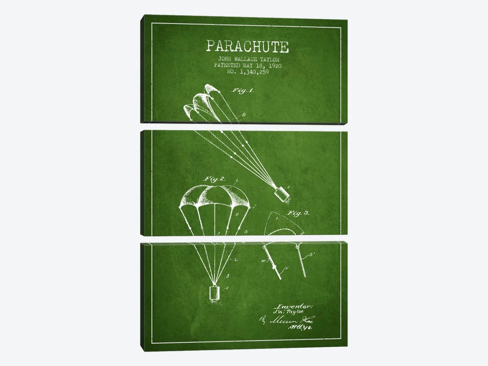 Parachute 1 Green Patent Blueprint by Aged Pixel 3-piece Canvas Art Print
