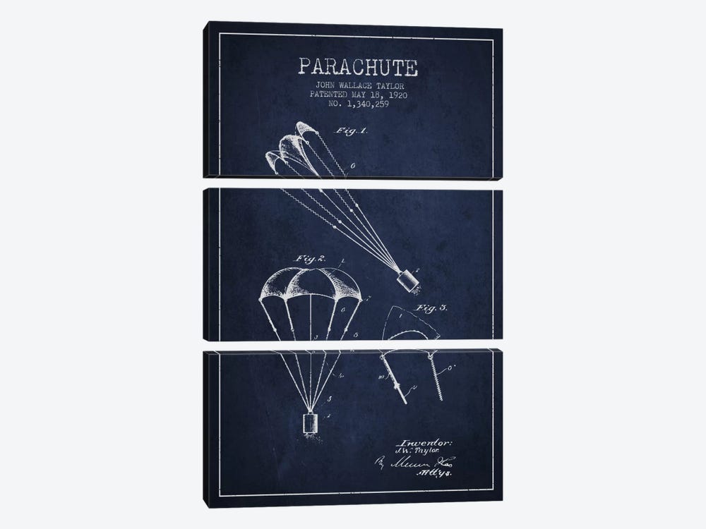 Parachute 1 Navy Blue Patent Blueprint by Aged Pixel 3-piece Canvas Wall Art