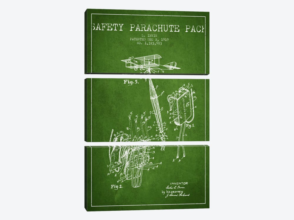 Parachute 2 Green Patent Blueprint by Aged Pixel 3-piece Canvas Print