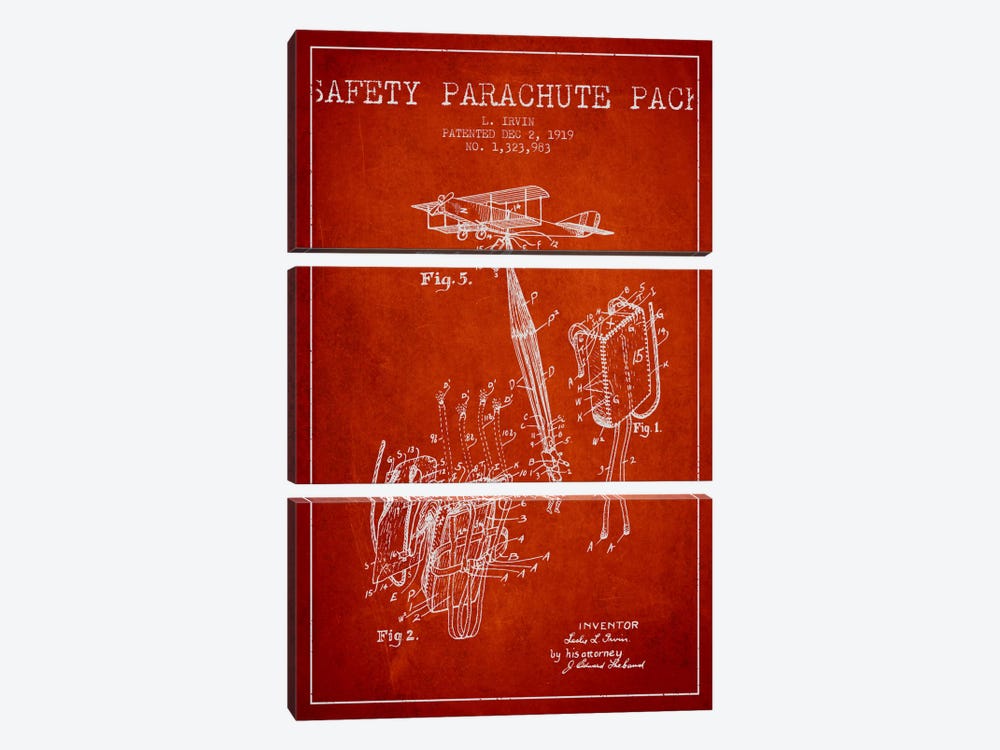 Parachute 2 Red Patent Blueprint by Aged Pixel 3-piece Canvas Print