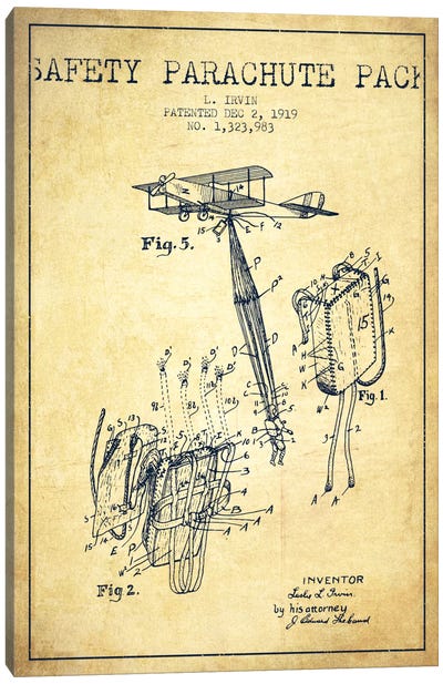 Parachute 2 Vintage Patent Blueprint Canvas Art Print - Aged Pixel: Aviation