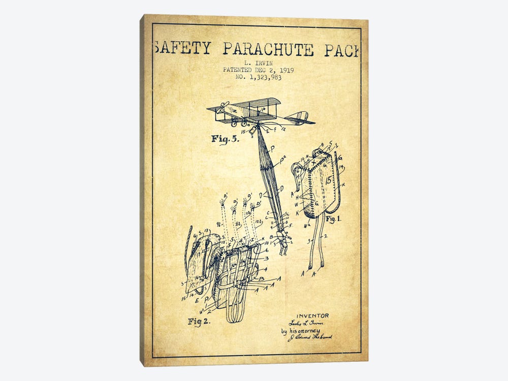 Parachute 2 Vintage Patent Blueprint by Aged Pixel 1-piece Canvas Wall Art