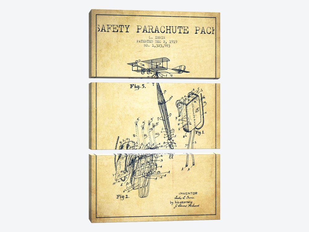 Parachute 2 Vintage Patent Blueprint by Aged Pixel 3-piece Canvas Wall Art