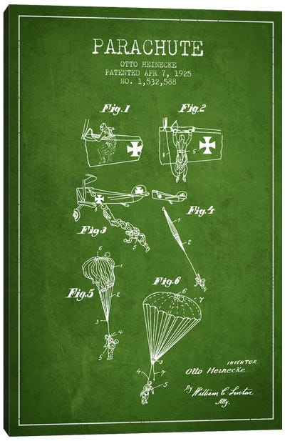 Parachute 3 Green Patent Blueprint Canvas Art Print