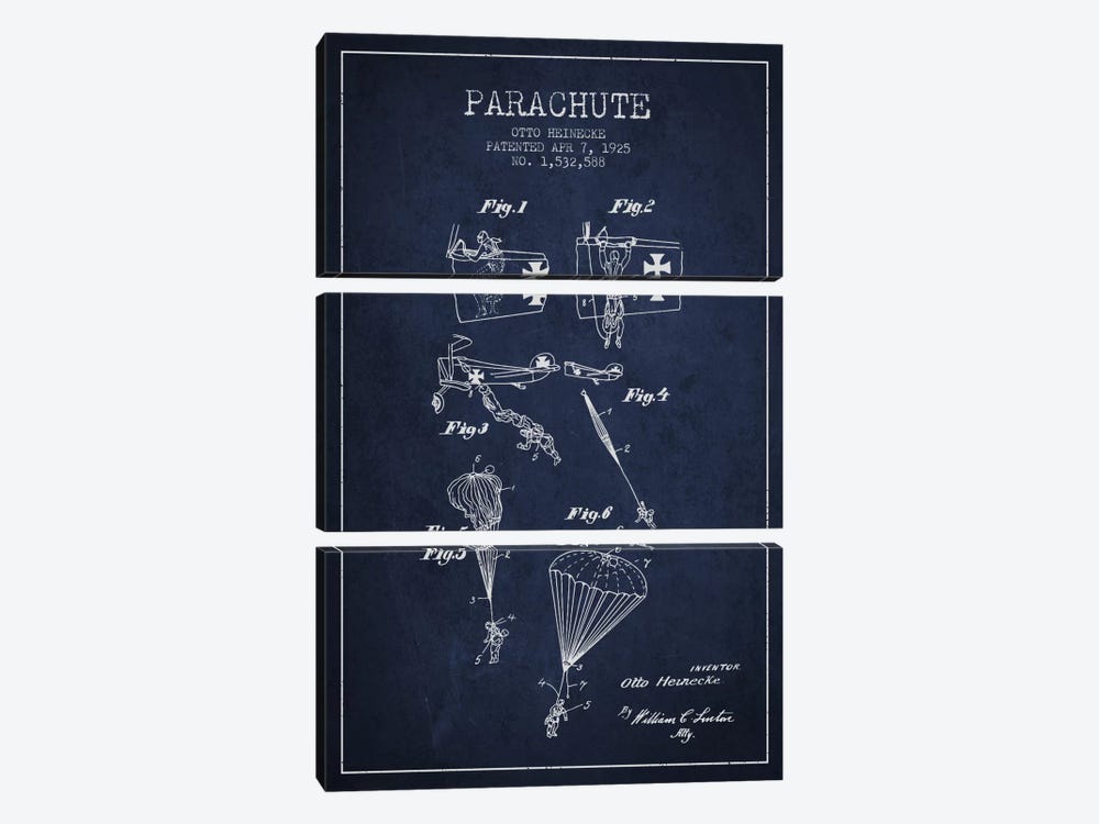Parachute 3 Navy Blue Patent Blueprint by Aged Pixel 3-piece Canvas Print