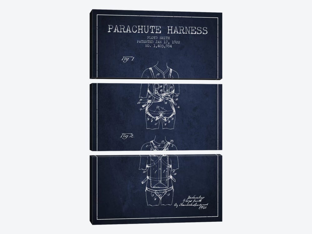 Parachute 4 Navy Blue Patent Blueprint by Aged Pixel 3-piece Canvas Art Print