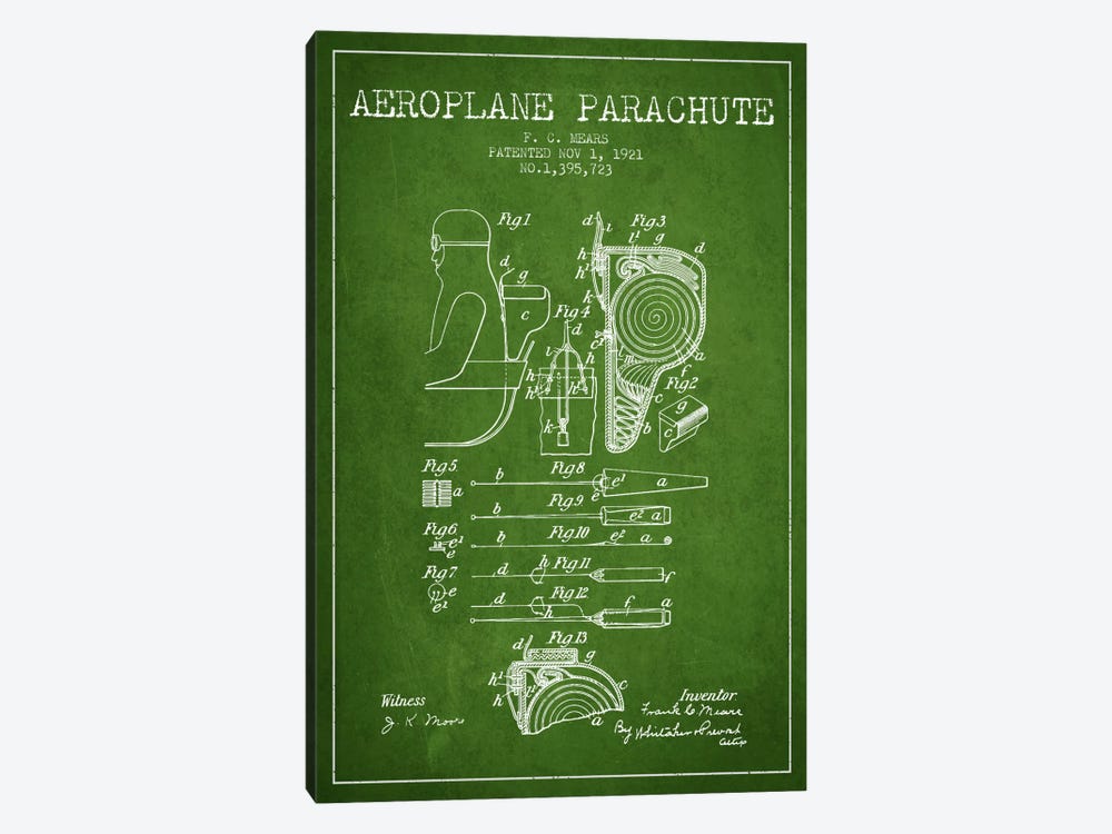 Parachute 5 Green Patent Blueprint by Aged Pixel 1-piece Canvas Print