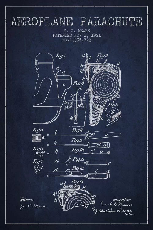 Parachute 5 Navy Blue Patent Blueprint by Aged Pixel wall art