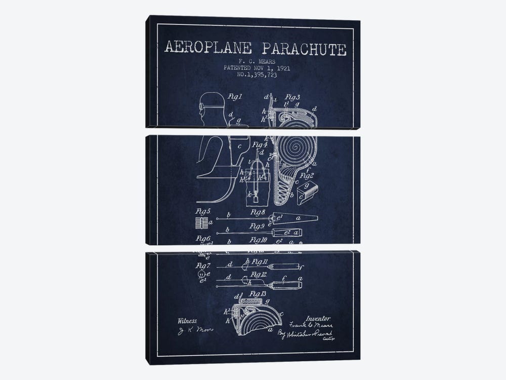 Parachute 5 Navy Blue Patent Blueprint by Aged Pixel 3-piece Canvas Artwork