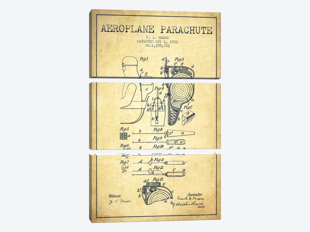 Parachute 5 Vintage Patent Blueprint by Aged Pixel 3-piece Canvas Wall Art