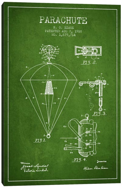 Parachute 6 Green Patent Blueprint Canvas Art Print
