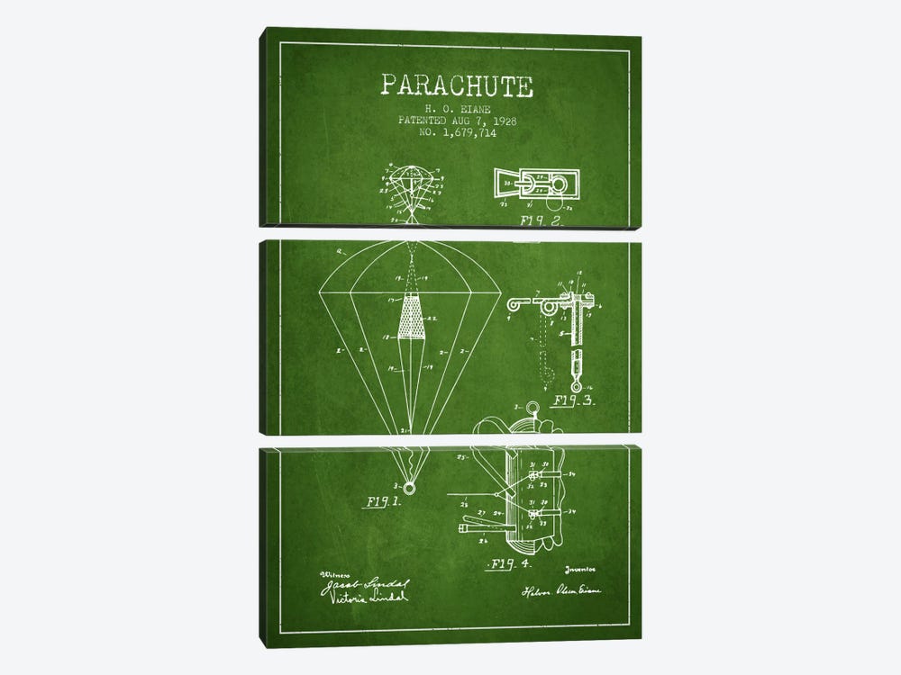 Parachute 6 Green Patent Blueprint by Aged Pixel 3-piece Canvas Art Print