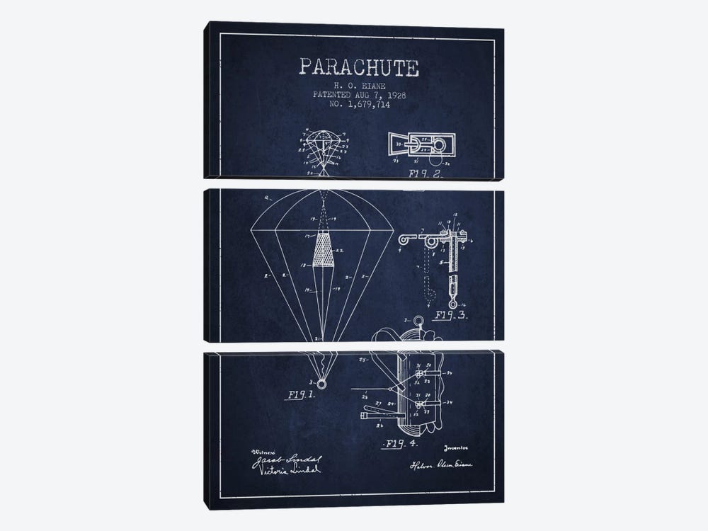 Parachute 6 Navy Blue Patent Blueprint by Aged Pixel 3-piece Canvas Wall Art