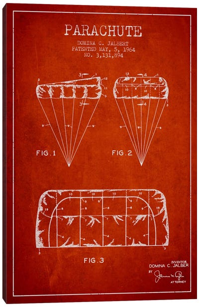 Parachute Red Patent Blueprint Canvas Art Print - Aged Pixel: Aviation