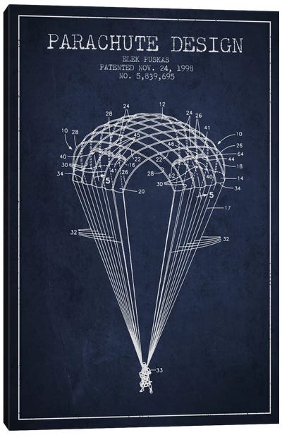 Parachute Design Navy Blue Patent Blueprint Canvas Art Print - Aged Pixel: Aviation
