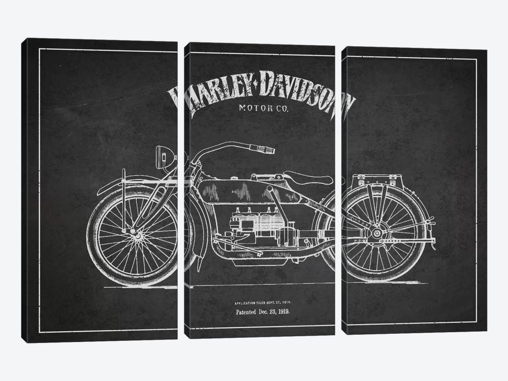 Harley-Davidson Charcoal Patent Blueprint by Aged Pixel 3-piece Canvas Art Print