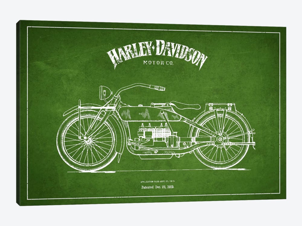 Harley-Davidson Green Patent Blueprint by Aged Pixel 1-piece Canvas Artwork