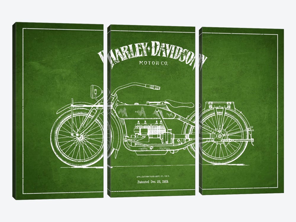 Harley-Davidson Green Patent Blueprint by Aged Pixel 3-piece Canvas Wall Art