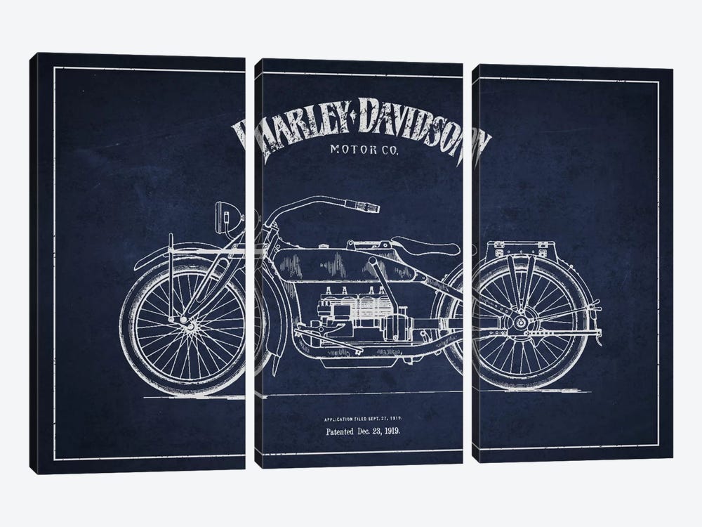 Harley-Davidson Navy Blue Patent Blueprint by Aged Pixel 3-piece Canvas Print