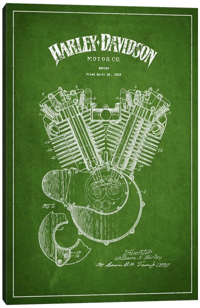 Harley-Davidson Green Patent Blueprint Canvas Art Print - Fresh & Funky Greenery