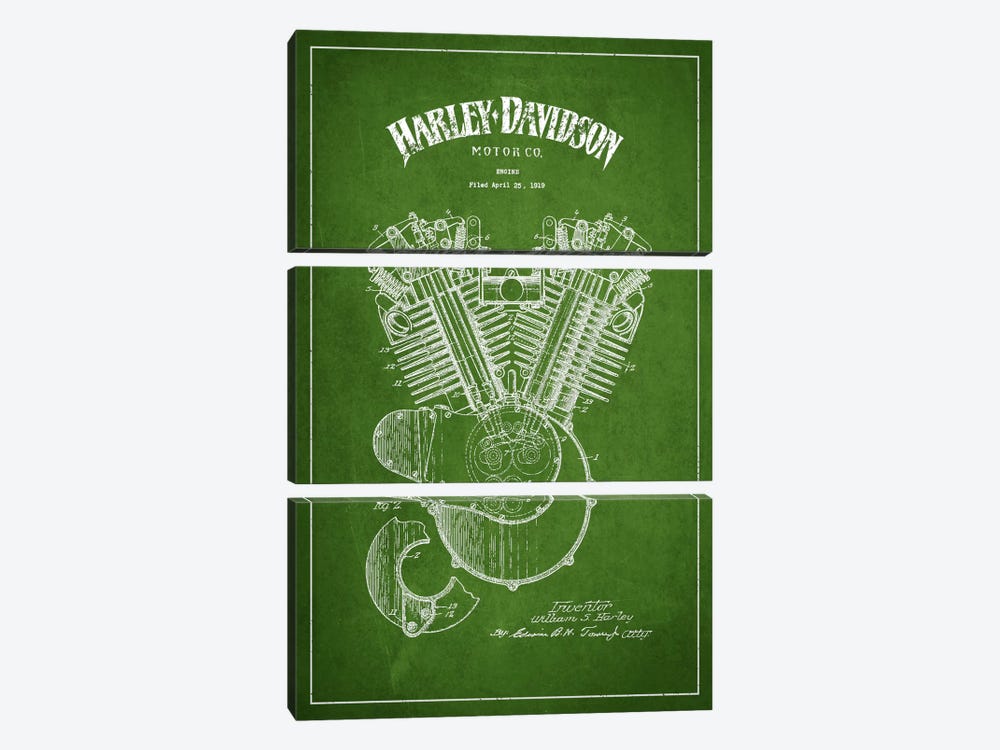 Harley-Davidson Green Patent Blueprint by Aged Pixel 3-piece Canvas Artwork
