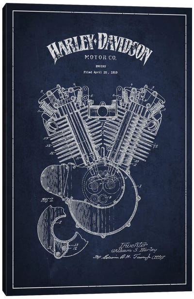 Harley-Davidson Navy Blue Patent Blueprint Canvas Art Print - Aged Pixel