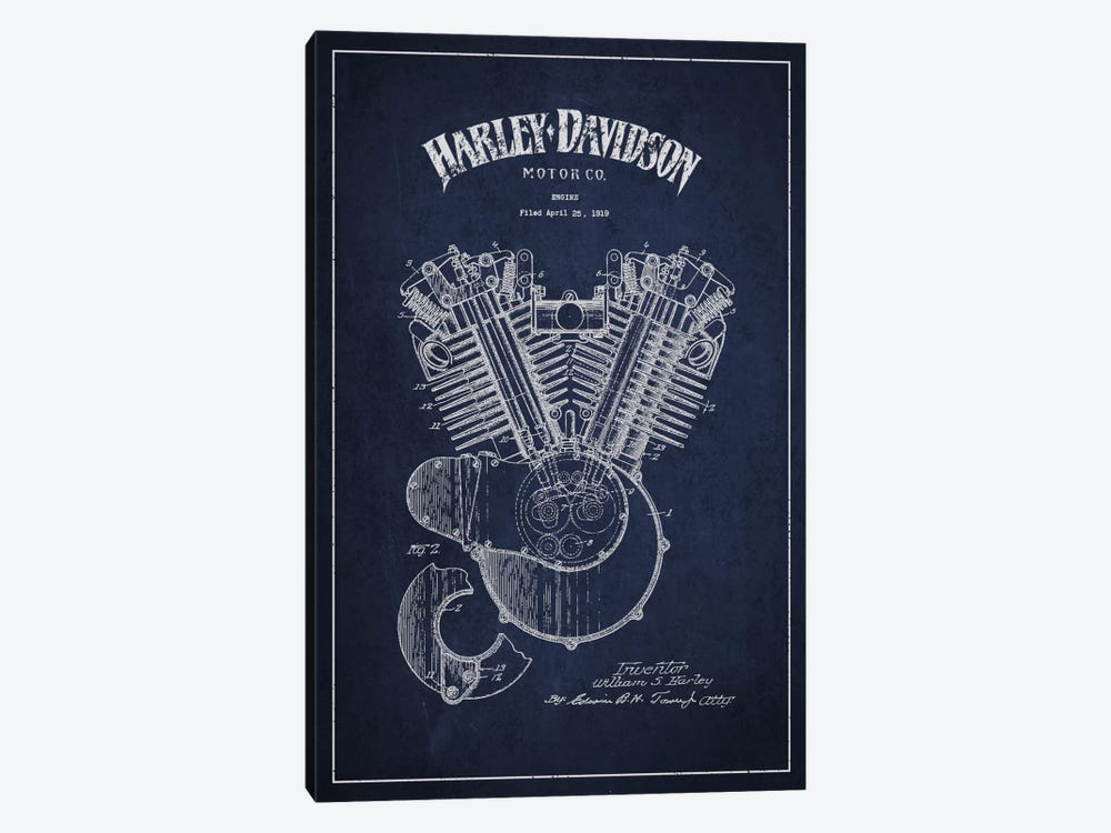 Harley-Davidson Navy Blue Patent Blueprint by Aged Pixel 1-piece Art Print