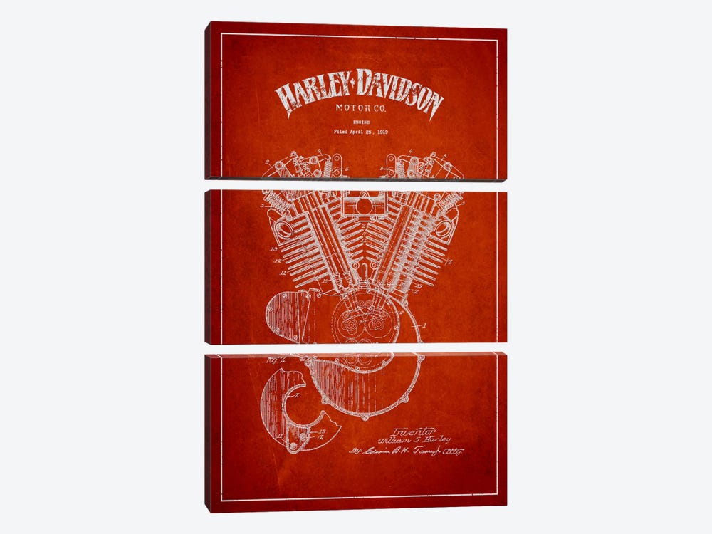 Harley-Davidson Red Patent Blueprint by Aged Pixel 3-piece Canvas Wall Art