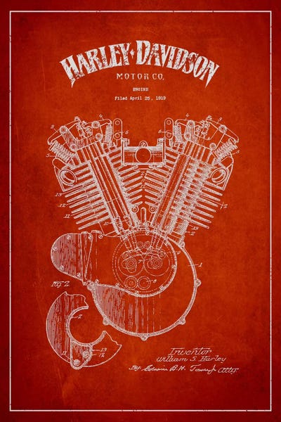 Motorcycle Blueprints: Harley-Davidson Red Patent Blueprint by Aged Pixel