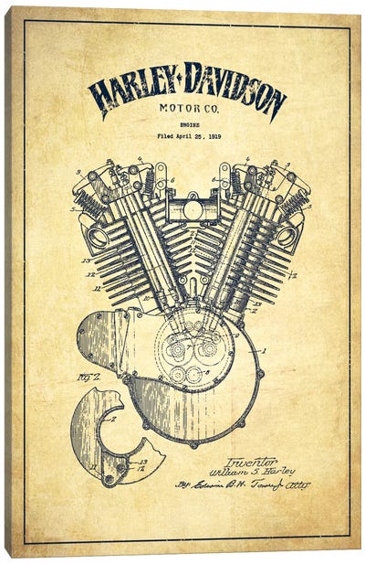 Harley-Davidson Vintage Patent Blueprint Canvas Art Print - Motorcycle Blueprints