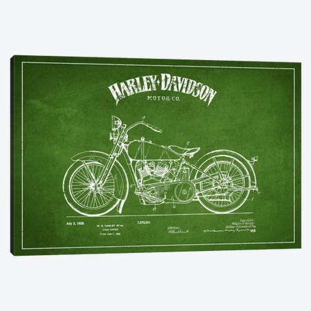 Harley-Davidson Green Patent Blueprint Canvas Print #ADP2466} by Aged Pixel Art Print