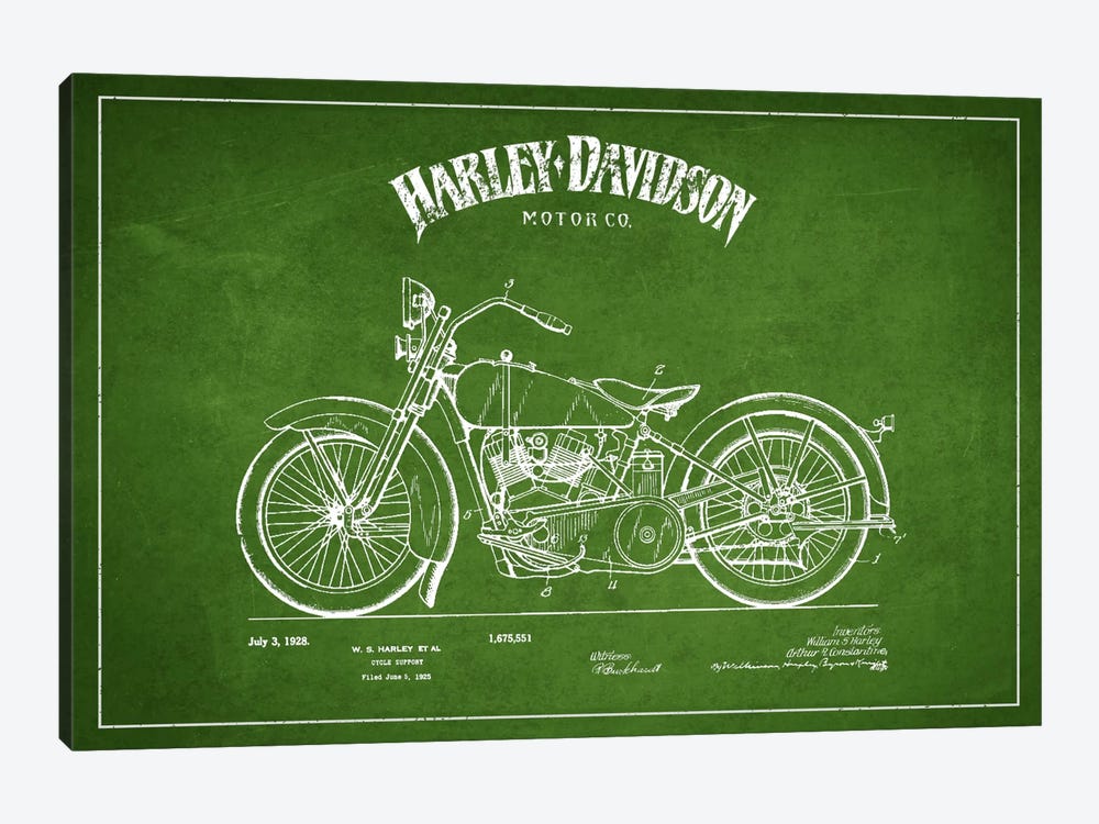Harley-Davidson Green Patent Blueprint by Aged Pixel 1-piece Canvas Art Print