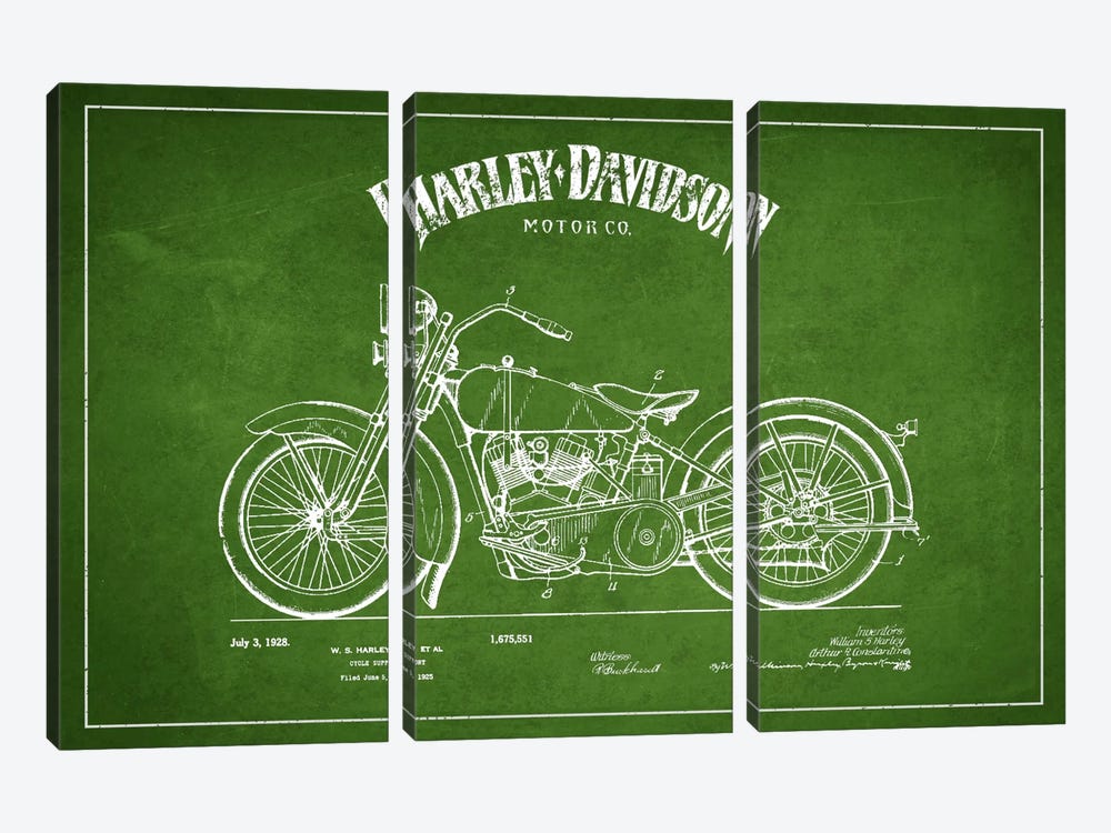Harley-Davidson Green Patent Blueprint by Aged Pixel 3-piece Canvas Print