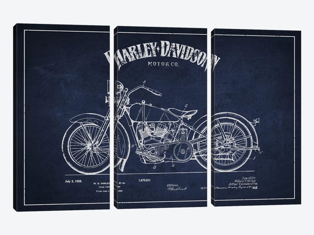 Harley-Davidson Navy Blue Patent Blueprint by Aged Pixel 3-piece Canvas Art