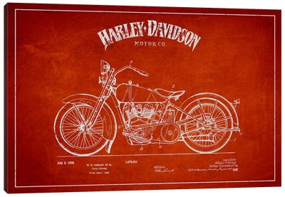 Harley-Davidson Red Patent Blueprint Canvas Art Print - Motorcycle Blueprints
