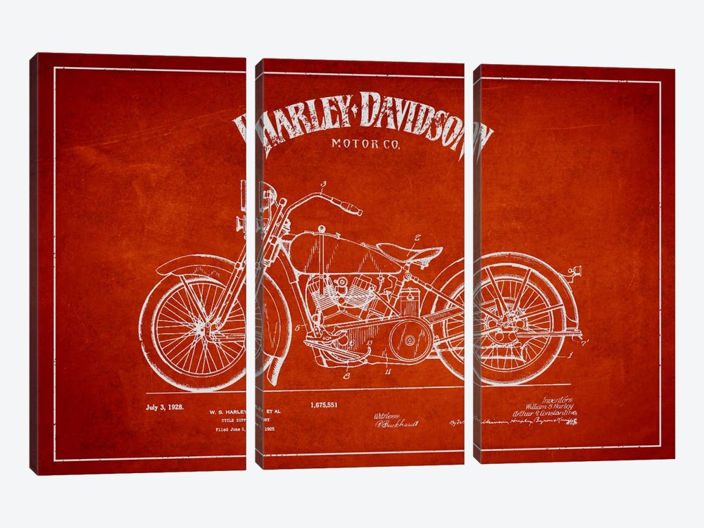Harley-Davidson Red Patent Blueprint by Aged Pixel 3-piece Canvas Art Print