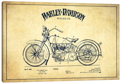 Harley-Davidson Vintage Patent Blueprint Canvas Art Print - By Land